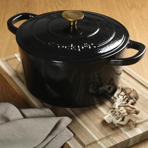 Crock Pot Artisan 7-Quart Round Cast Iron Dutch Oven with Lid – Black Enamel Finish, Gold Knob, Durable Heavy-Duty Cookware for Slow Cooking, Baking, and Roasting - Image 6