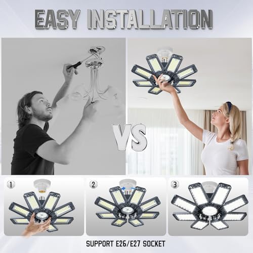 Garage Lights 4 Pack 220W, 22000LM LED Garage Lights with 8+1 Deformable Panels 6500K Screw in LED Shop Lighting for Workshop, Basement Support E26/E27 - Image 2