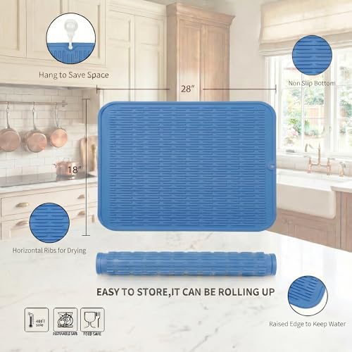 MicoYang Silicone Dish Drying Mat for Multiple Usage,Easy clean,Eco-friendly,Heat-resistant Silicone Mat for Kitchen Counter or Sink,Refrigerator or Drawer Liner Lichen BlueL 3XL 28 inches x 18 inches - Image 2