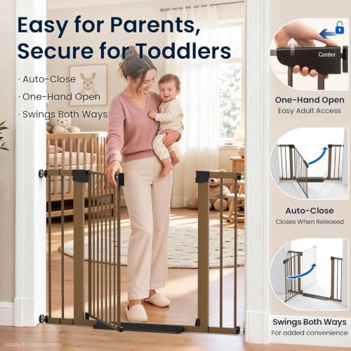 Cumbor 30-43" Wide Baby Gate, Auto-Close Walk-Through Safety Gate, Brown - Image 4