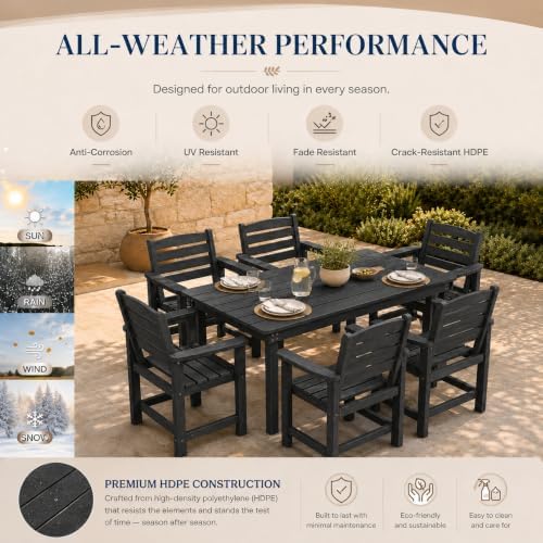 7 Pcs Outdoor Patio Dining Set, HDPE Table & Chairs with Umbrella Hole - Image 7