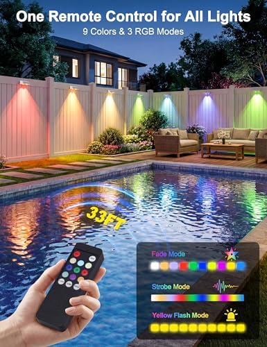 JOFIOS Solar Fence Lights Outdoor with Remote, 9 Fixed Colors ＆ Color Changing Solar Lights Outdoor Waterproof IP65 Dusk-to-Dawn Vinyl Fence Lights for Patio, Railing, Pool, Porch, Backyard, 16 Pack - Image 2