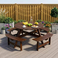 8 Person Wooden Picnic Table, Outdoor Round Picnic Table with 4 Built-in Benches, Umbrella Hole, Outside Table and Bench Set for Patio, Backyard, 500lbs Capacity Per Bench (Brown - 8Person) by CKEASEANFurniture