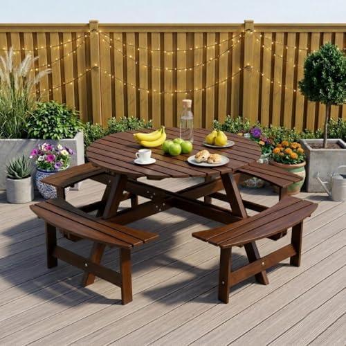 8 Person Wooden Picnic Table, Outdoor Round Picnic Table with 4 Built-in Benches, Umbrella Hole, Outside Table and Bench Set for Patio, Backyard, 500lbs Capacity Per Bench (Brown - 8Person) by CKEASEANFurniture
