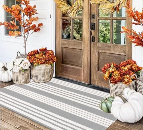 Grey and White Outdoor Rug 3'x 5'Cotton Washable Front Porch Mat Area Rug - Image 7