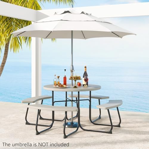 COSTWAY Round Outdoor Picnic Table with Bench Set for 4-8 People (Grey) - Image 2