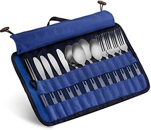 13 Piece Stainless Steel Family Cutlery Picnic Utensil Set with Travel Case for Camping | Hiking | BBQs - Includes Forks | Spoons | Knifes | Chopstick, Plus Nylon Commuter Case (Dark Blue) by Wealers