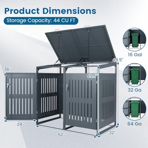 Goplus 44 Cu.Ft Outdoor Trash Can Storage, Garbage Can Hider Outdoor with 2 Lockable Doors Gas Struts & Shock Absorbers, Slant-roof Outdoor Storage for Patio, Backyards, Yard & Garden (52"x32"x49.5") - Image 3