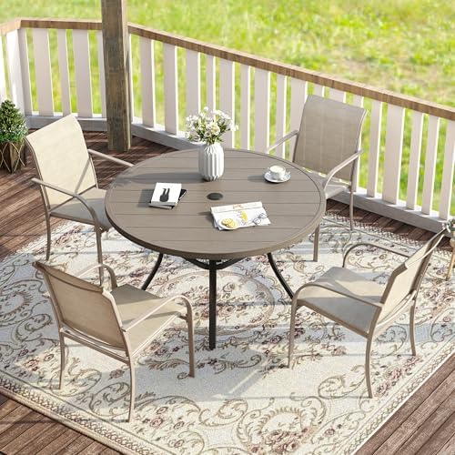 VICLLAX 5 Pieces Patio Dining Set for 4, Outdoor Furniture Set Includes 40.7" Round Patio Table and 4 Patio Stackable Chairs, Grey Wood Grain Tabletop and Sandshell Fabric by HOME