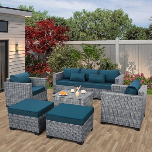 Lviden 6 Pieces Wicker Patio Furniture Sets Outdoor Conversation Set HDPE Rattan Sectional Sofa Couch with Storage Table and Non-Slip Cushions, Peacock Blue by Lvidenoutdoor