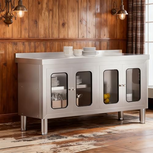 59" Stainless Steel Table Cabinet Heavy Duty Prep Table with 304 Stainless Steel Worktop and 4 Glass Doors Commercial Worktable Workbench with Storage Cabinet for Kitchen Garage Restaurant Outdoor - Image 6