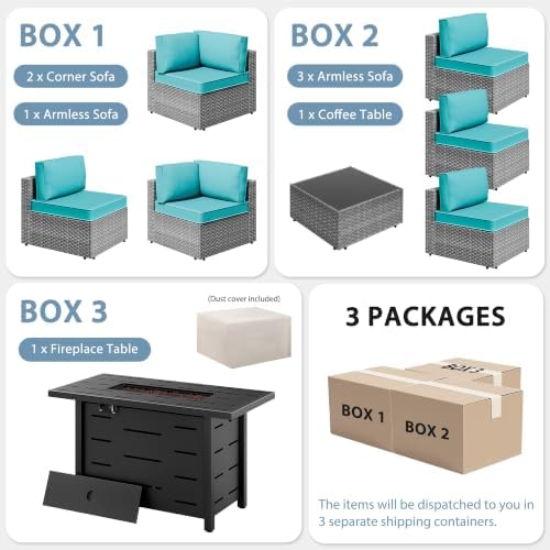 Shintenchi 8 Piece Outdoor Patio Furniture Set with 43 Inch Propane Fire Pit, Washable Cushions, Glass Coffee Table, Waterproof Cover & CSA Certified for Backyard Poolside, Silver PE Rattan/Blue - Image 7