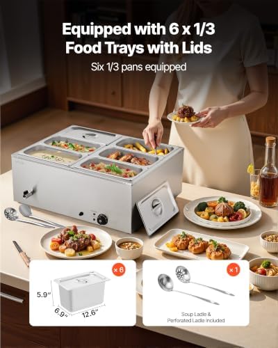 VEVOR Commercial Food Warmer, 1500W Electric Stainless Steel Steam Food Warmer with Lid, 6-Pan Fast Heating Countertop Buffet Bain Marie with Soup & Perforated Ladles, for Catering, Restaurant, Party - Image 3