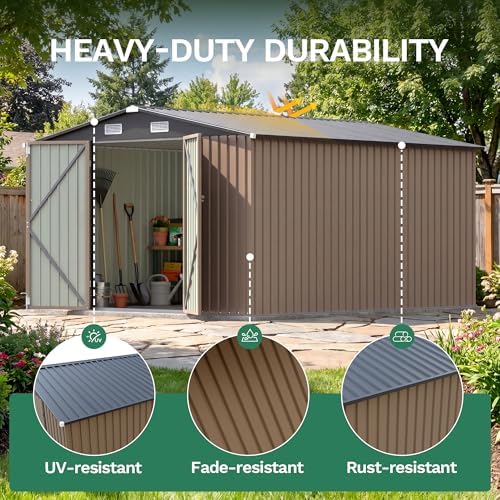 JUMMICO 10x12 FT Outdoor Storage Shed, Heavy Duty Metal Shed with Lockable Door&Slooping Roof, Tool Shed for Garden Backyard Patio(Brown) - Image 6