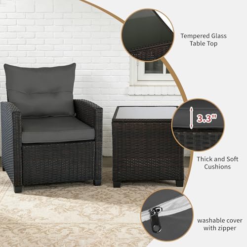 3 PCS Patio Wicker Conversation Set Sofa Table Set Gray Cushion - Image 6