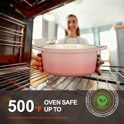 Overmont Enameled Cast Iron Dutch Oven - 5.5QT Pot with Lid Cookbook, Pink - Image 4
