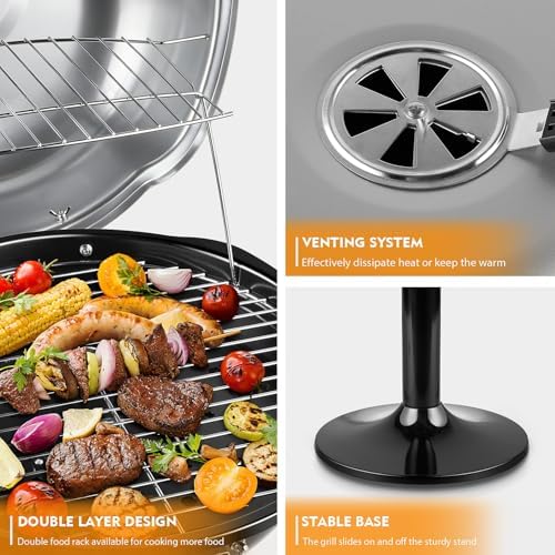 Electric Grill, Techwood Indoor/Outdoor Electric BBQ Grill, 1600W Portable Removable Stand Grill with Adjustable Heat & Drip Tray, Double Layer Design for Party, Patio & Backyard, Dust Cover(Silver) - Image 3