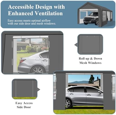 Carport 12x20 FT Heavy Duty Carport Canopy, Portable Garage with 4 Windows & Side-Opening Door, for Pickup, Boats, Car and Truck (12x20 FT Grey) - Image 3