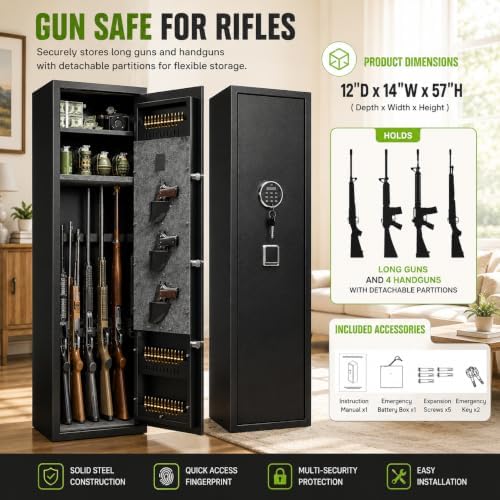 [No Assembly Required]10-12 Gun Safe for Rifles and Pistols, Biometric Gun Safe with Fingerprint and Digital Keypad, 57" Rifle Safe Gun Cabinet with Adjustable Rack, Shelf and Door Organizer for Home - Image 2