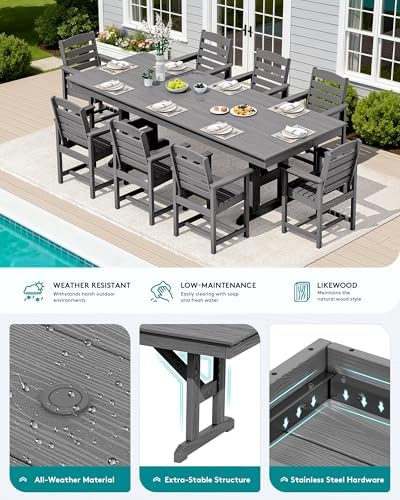 SERWALL Outdoor 84" HDPE Rectangular Dining Table for 6-8,All-Weather,Gray - Image 3