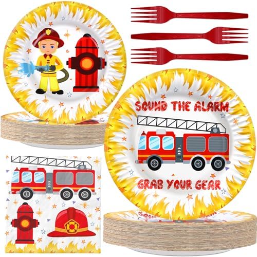 Firetruck Party Decorations - Firefighter Party Plates and Napkins for Kids, Serves 40 Guests by BonBeeDesign