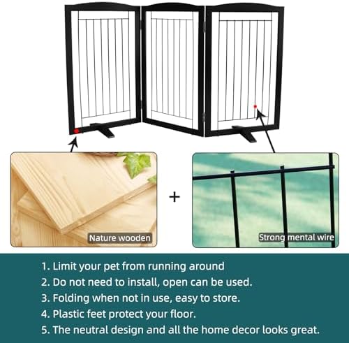 ZJSF Freestanding Dog Fence Indoor, Foldable Dog Gate for Doorways, Stairs or Hallways, Sturdy Wood Extra Wide Pet Gate with Support Feet for The House, Black, 32 "Height-3 Panels - Image 6
