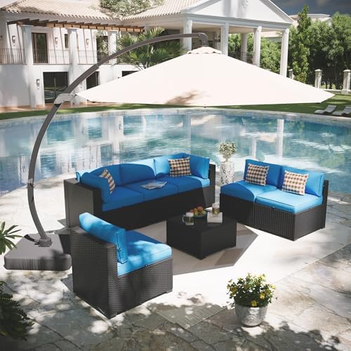 Aoxun Patio Furniture Set with Umbrella, 8 Piece Outdoor Sectional Sofas, Wicker Rattan Outdoor Furniture with Thickened Cushion for Backyard, Garden Peacock Blue - Image 5