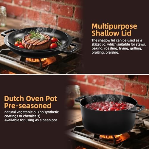 2-in-1 Pre-Seasoned Cast Iron Double Dutch Oven Pot with Skillet Lid & Silicone Sleeves – Raised Rib Skillet Lid– Umite Chef 7QT Cast Iron Skillet Cookware Pan Set wirh Dual Handles – Oven, Grill, Campfire & Stovetop Safe –PFAS-Free - Image 6