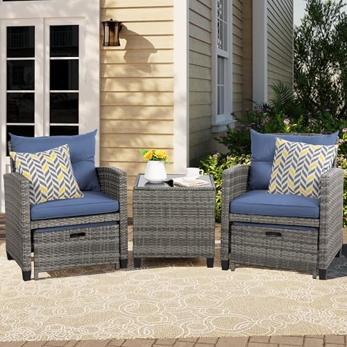 Vongrasig 5 Piece Patio Furniture Set, Small Balcony Furniture, PE Wicker Rattan Patio Chairs Set of 2, Outdoor Lounge Chairs with Cushions Ottomans &Glass Table for Porch Garden(Navy Blue) - Image 2