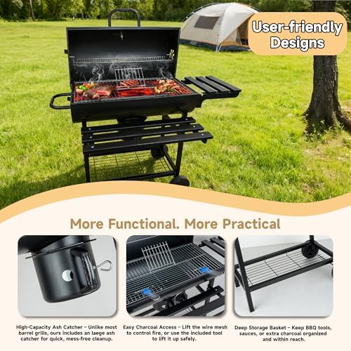 27" Large Charcoal Grill with Lid, Outdoor BBQ Grill with Thermometer, Side Shelves, Wheels & Ash Catcher, Barrel Smoker for Backyard Cooking - Image 4