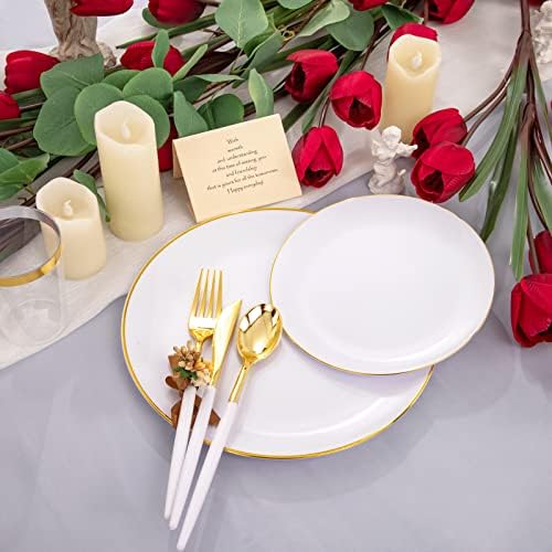LIYH 180 Pcs White and Gold Plastic Plates Disposable - Dinnerware Set, Gold Plastic Silverware, Disposable Heavyduty Plates for Parties, Birthdays, Wedding 30Guests - Image 6