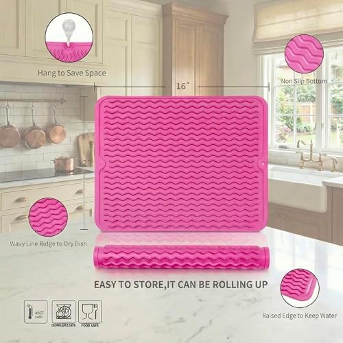 MicoYang Silicone Dish Drying Mat — Quick-Dry Ridges Counter & Sink Pad, Heat-Resistant Trivet to 450°F, Non-Slip & Dishwasher Safe, Roll-Up Storage, 18 Colors & 9 Sizes (Rose, 16"×12") - Image 2