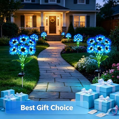 Solar Sunflower Lights Outdoor Garden Decor, 6 Pack Solar Blue Flowers Lights with 36 Sunflowers, Waterproof Fall Decor Stake Decorative Light Auto ON/Off for Garden Yard Patio, Gift for Women - Image 7