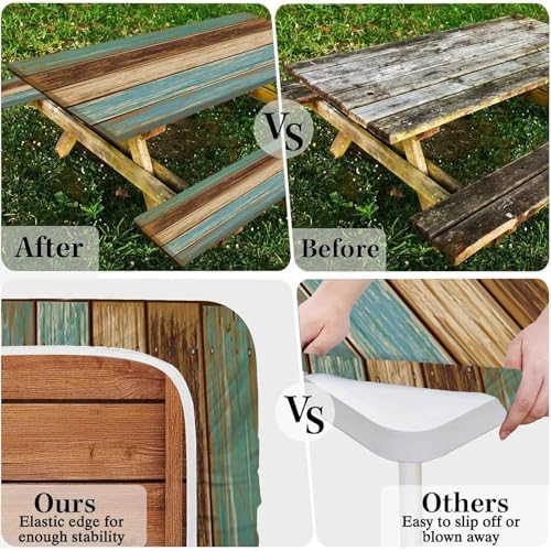 CAPSCEOLL Picnic Table Cover with Bench Covers 6ft - Blue Brown Wood - Image 6