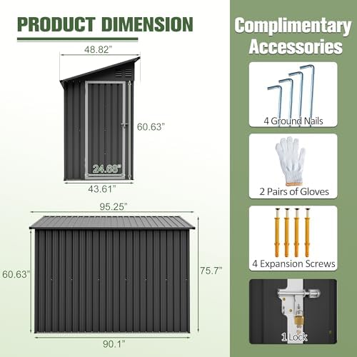 YOPTO 4x8 FT Lean to Outdoor Storage Shed,Metal Shed W/Floor Frame & Reversible Installation,All Weather Waterproof Garden Tool House W/Lockable Door & 2 Air Vents,for Backyard,Patio,Lawn,Black - Image 3