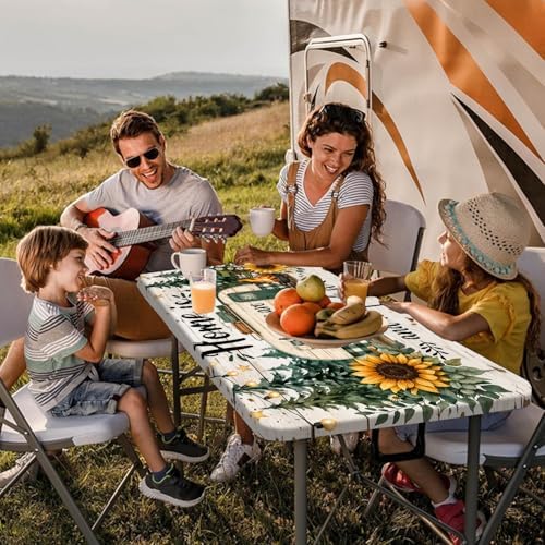 Picnic Table Cover with Bench Covers Camping Essentials Green Checkered RV Forest Sunflower Wooden Outdoor Table Covers with Elastic Waterproof Camping Tablecloth for Indoor & Outdoor 3 PCS 30x60 Inch - Image 2