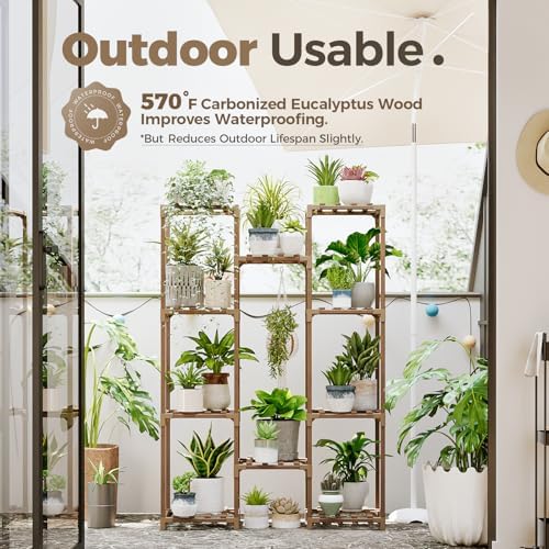 Bamworld Plant Stand Indoor Outdoor Tall Plant Shelf for Multiple Plants Pots Wood Flower Stand Large Flower Holder for Living Room, Patio, Balcony, Garden Decor, Brown - Image 3