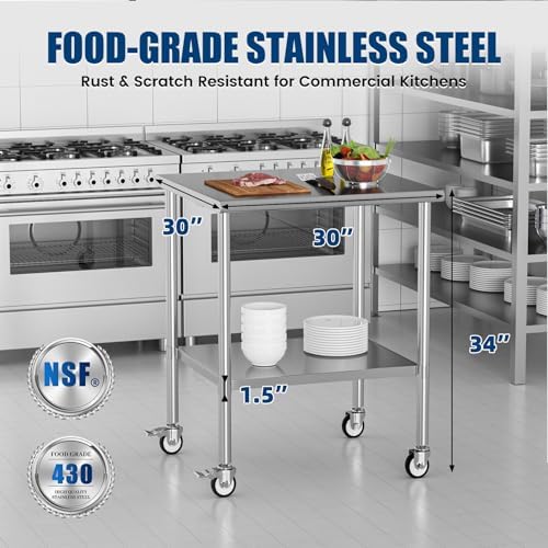 Stainless Steel Work Table with Wheels, 30x30 Inch NSF Kitchen Prep Table with Adjustable Undershelf for Commercial Restaurant, Garage, Outdoor BBQ - Image 3