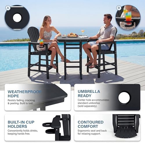 3-Piece HDPE Bar Height Table and Chairs Set, 42.1" Square High Top Pub Table with Umbrella Hole, 2 Adirondack Charis with Cup Holders, Outdoor Patio Dining Set for Bistro Backyard Deck Black - Image 5