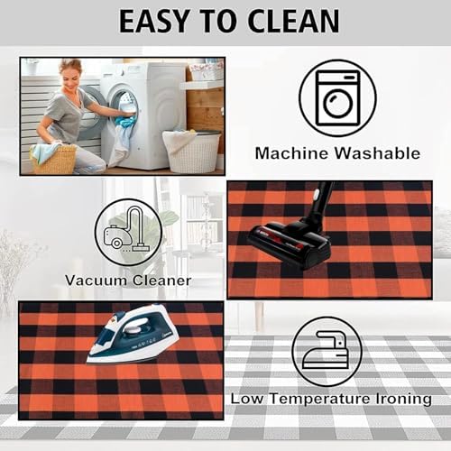 Orange and Black Plaid Rug, 24'' x 51'' Fall Outdoor Front Door Decor Mat, Cotton Washable Hand-Woven Rug for Layered Doormat, Autumn Halloween Thanksgiving Carpet for Porch, Entryway - Image 4