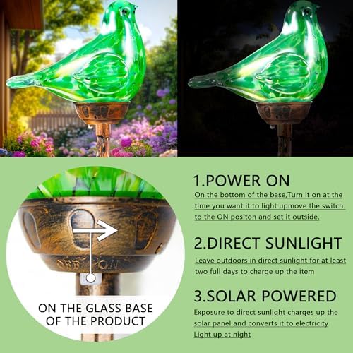 Decorative Solar Lights, Outdoor Solar Bird Stake Lights, Hand Blown Glass Decorative Garden Pathway Lights Outdoor Waterproof Glass Stakes (Green) - Image 4