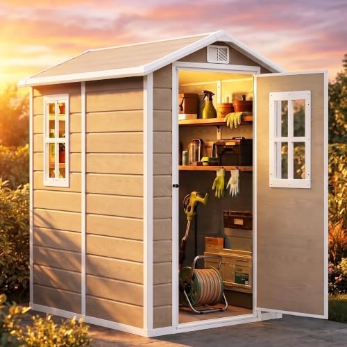 DWVO Outdoor Storage Shed 4.4×6FT, Plastic Garden Shed with 2 Windows by DWVO