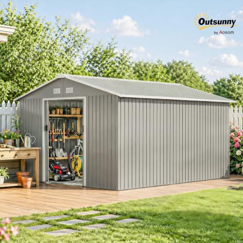 Outsunny 11' x 13' Outdoor Storage Shed, Garden Tool Metal Shed with Foundation Kit, Double Lockable Door, Air Vents and Sloping Roof, for Backyard, Patio, Lawn, Light Gray - Image 2