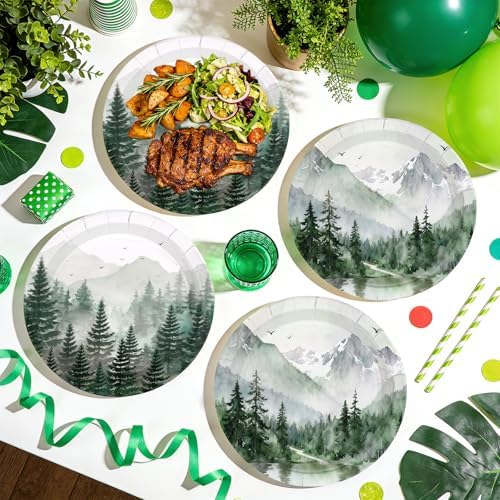 50Pcs Green Forest Party Decorations 9 inch Nature Camping Woodland Pine Tree Paper Plates Mountain Adventure Awaits Theme Plates for Summer Picnic BBQ Baby Shower Outdoor Camper Party Decorations - Image 5