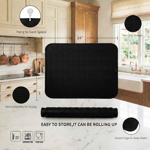 MicoYang Silicone Dish Drying Mat for Multiple Usage,Easy clean,Eco-friendly,Heat-resistant Silicone Mat for Kitchen Counter or Sink,Refrigerator or Drawer Liner Black 2XL 24 inches x 18 inches - Image 2