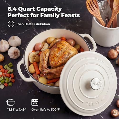 Zulay Kitchen 6.4QT Enameled Cast Iron Dutch Oven Pot with Lid, Heavy-Duty Soup Pot for Stews, Braising, Roasting & Sourdough Bread Baking, Oven Safe up to 500°F - White - Image 6