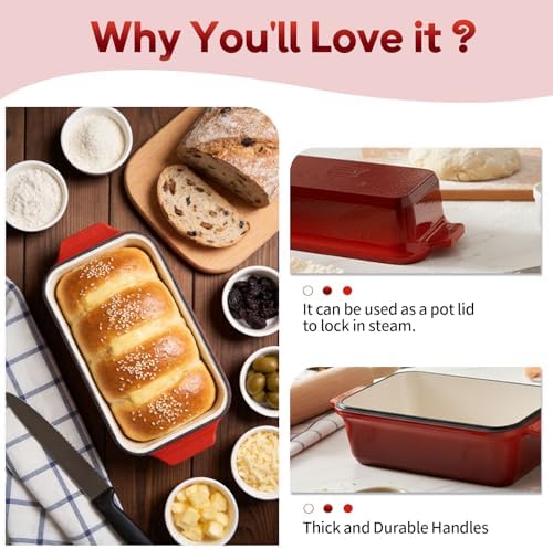 Enameled Cast Iron Dutch Oven for Sourdough Bread Baking, 9×5 Dutch Oven Pot with Lid, 2 in 1 Bread Pans with Lid for Baking, Roasting & Braising, Easy Release, Oven & Induction Safe (4.2 QT,Red) - Image 5