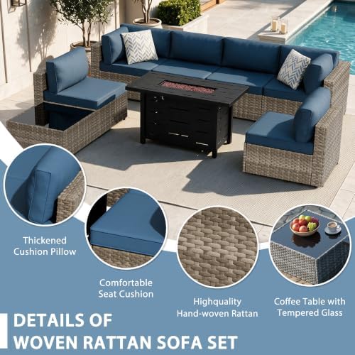 Shintenchi 8 Piece Outdoor Patio Furniture Set with 43 Inch Propane Fire Pit, Washable Cushions, Glass Coffee Table, Waterproof Cover & CSA Certified for Backyard Poolside, Natural PE Rattan/Navy Blue - Image 4