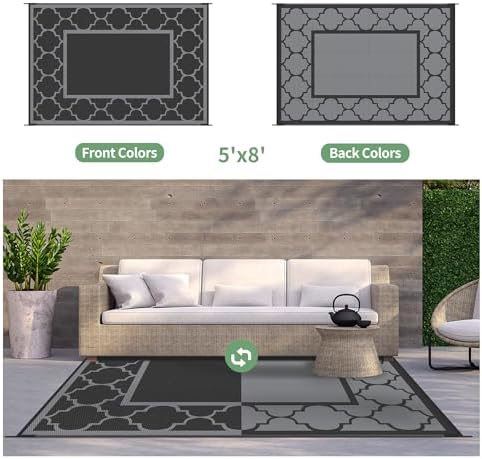 GENIMO Outdoor Rug, Waterproof Plastic Rugs for Patio, 5'x8' Black Grey - Image 6