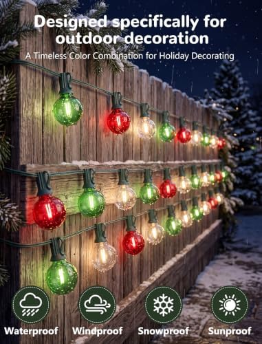 25FT G40 LED Red Green White Outdoor String Lights, 27 Shatterproof Bulbs - Image 4